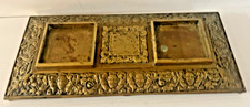 Large Ornate Victorian Brass Double Ink Desk Standish 12 1/2 x 5 1/2