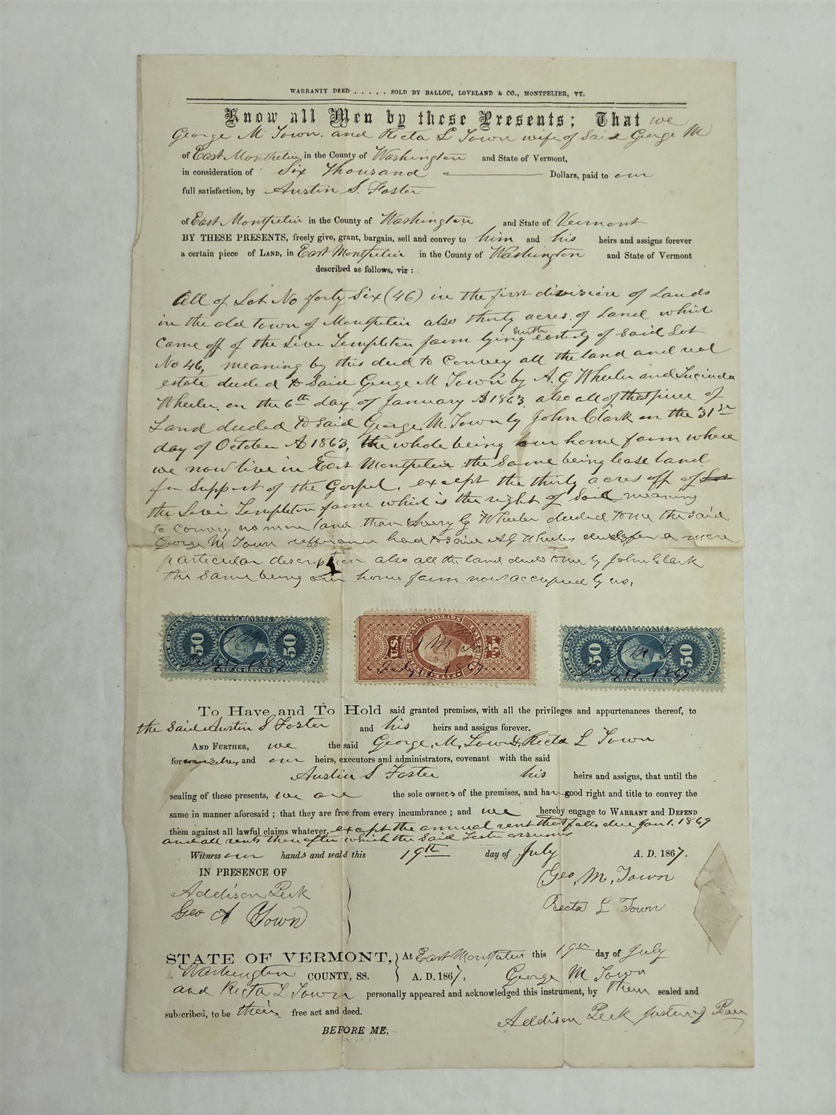 1867 antique DEED east montpelier vt GEO TOWN to AUSTIN FOSTER REV STAMP 1867 antique DEED east montpelier vt GEO TOWN to AUSTIN FOSTER REV STAMP