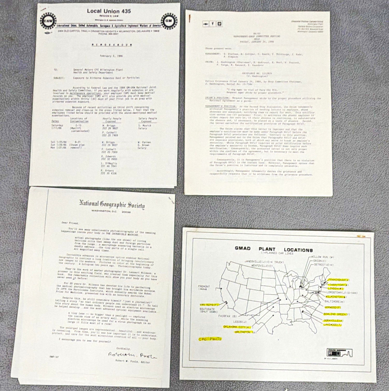 UAW Local 435 GM Wilmington Plant Memos, Meeting Minutes, Natl Geographic Letter UAW Local 435 GM Wilmington Plant Memos, Meeting Minutes, Natl Geographic Letter