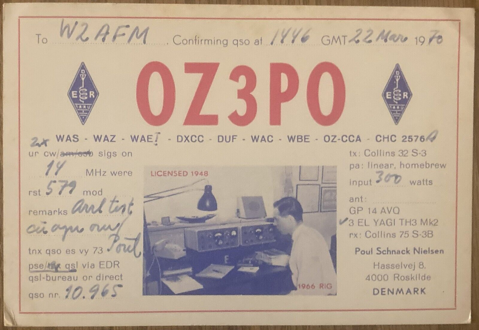QSL Card - Roskile, Denmark -  Paul Nielsen - OZ3PO - 1970 - Postcard