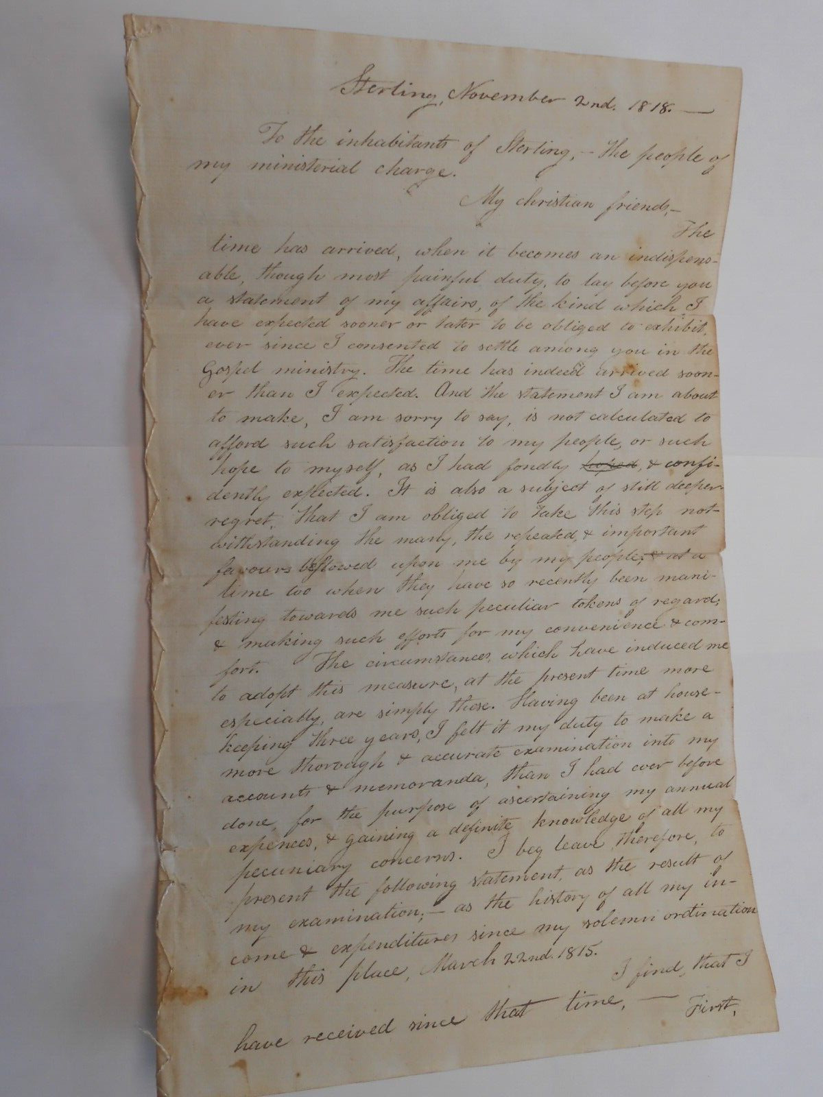 Original 1818 Rev Lemuel Capen Letter to Sterling MA Congregation Debts Finances