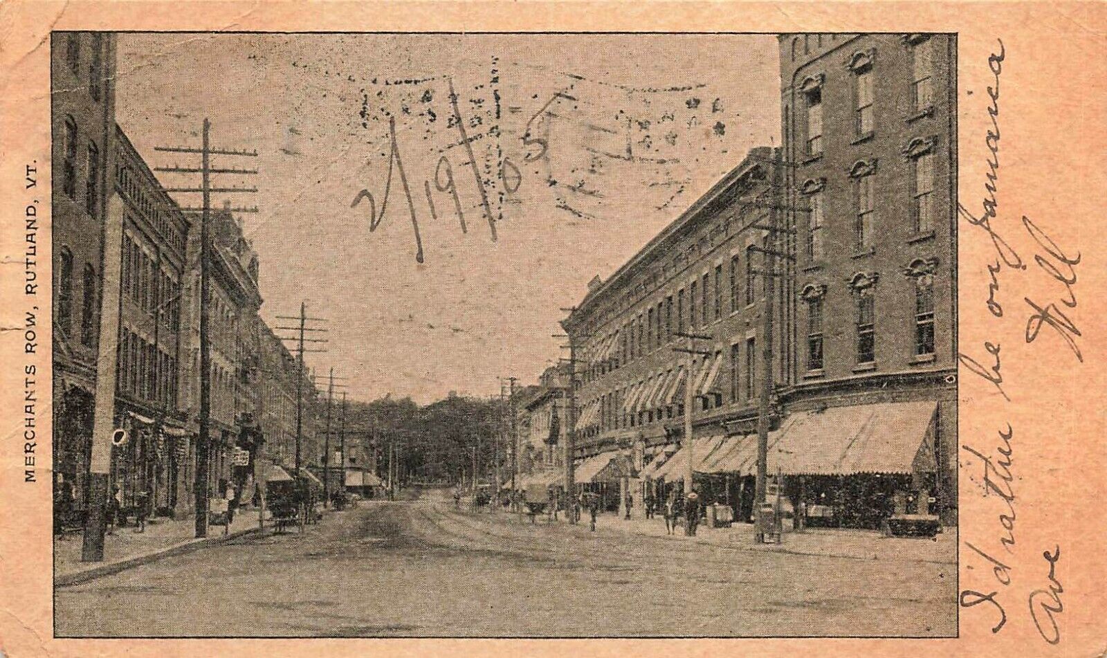 1905 VERMONT PHOTO POSTCARD: STREET VIEW OF MERCHANT ROW, RUTLAND, VT