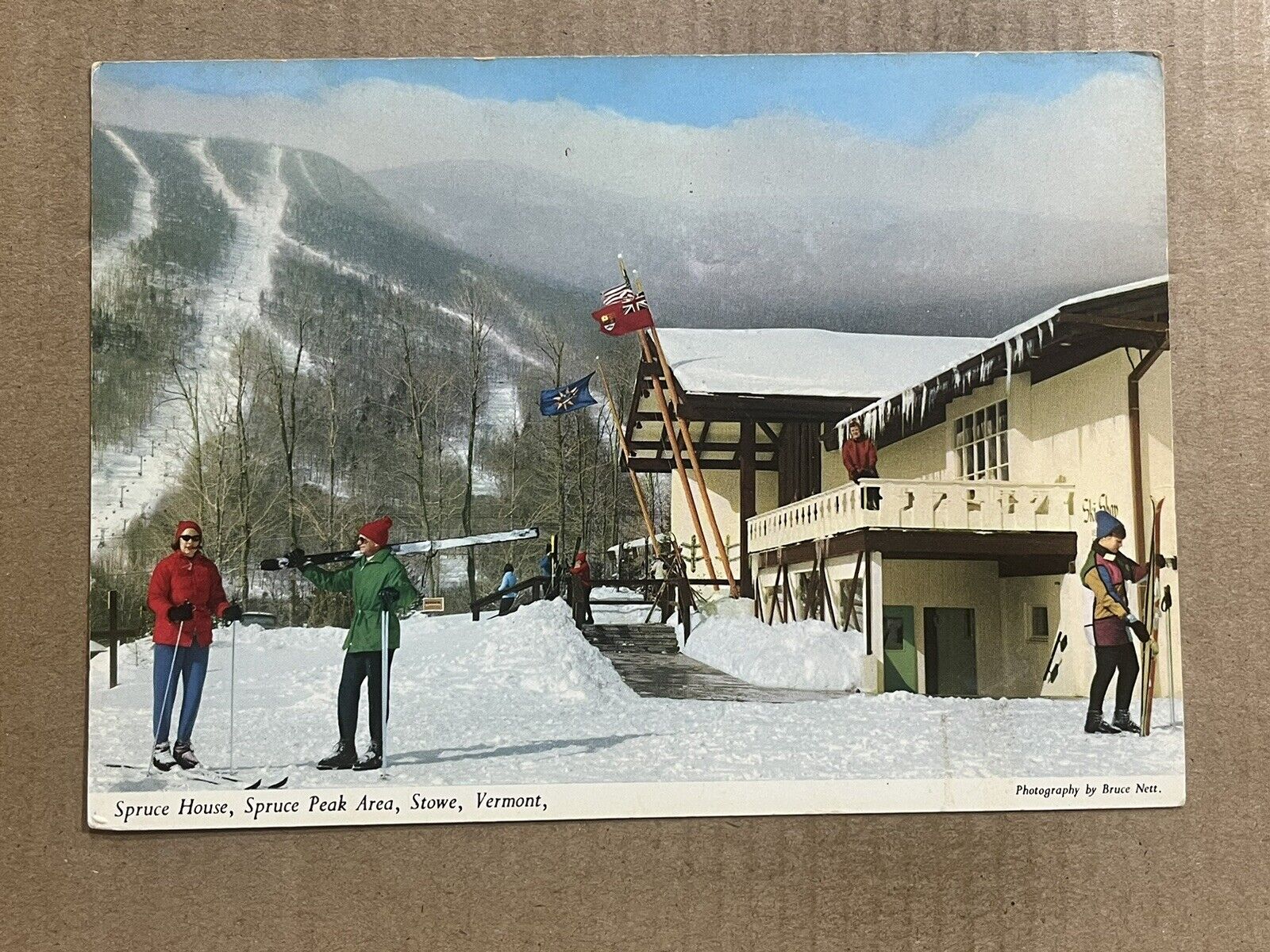 Postcard Stowe VT Vermont Skiing Spruce Peak House Ski Area Skiers Vintage PC
