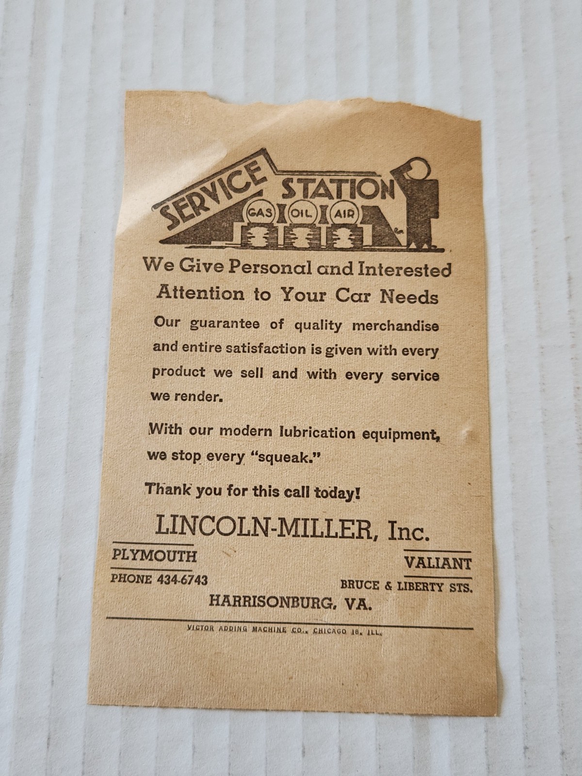 Vintage 1960s PLYMOUTH Motors Gas Oil Advertising Lincoln Miller Harrisonburg VA Vintage 1960s PLYMOUTH Motors Gas Oil Advertising Lincoln Miller Harrisonburg VA