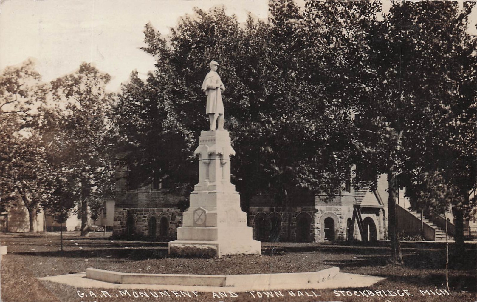 RPPC Stockbridge Michigan Town Hall Military Monument Statue Photo Postcard 15A RPPC Stockbridge Michigan Town Hall Military Monument Statue Photo Postcard 15A