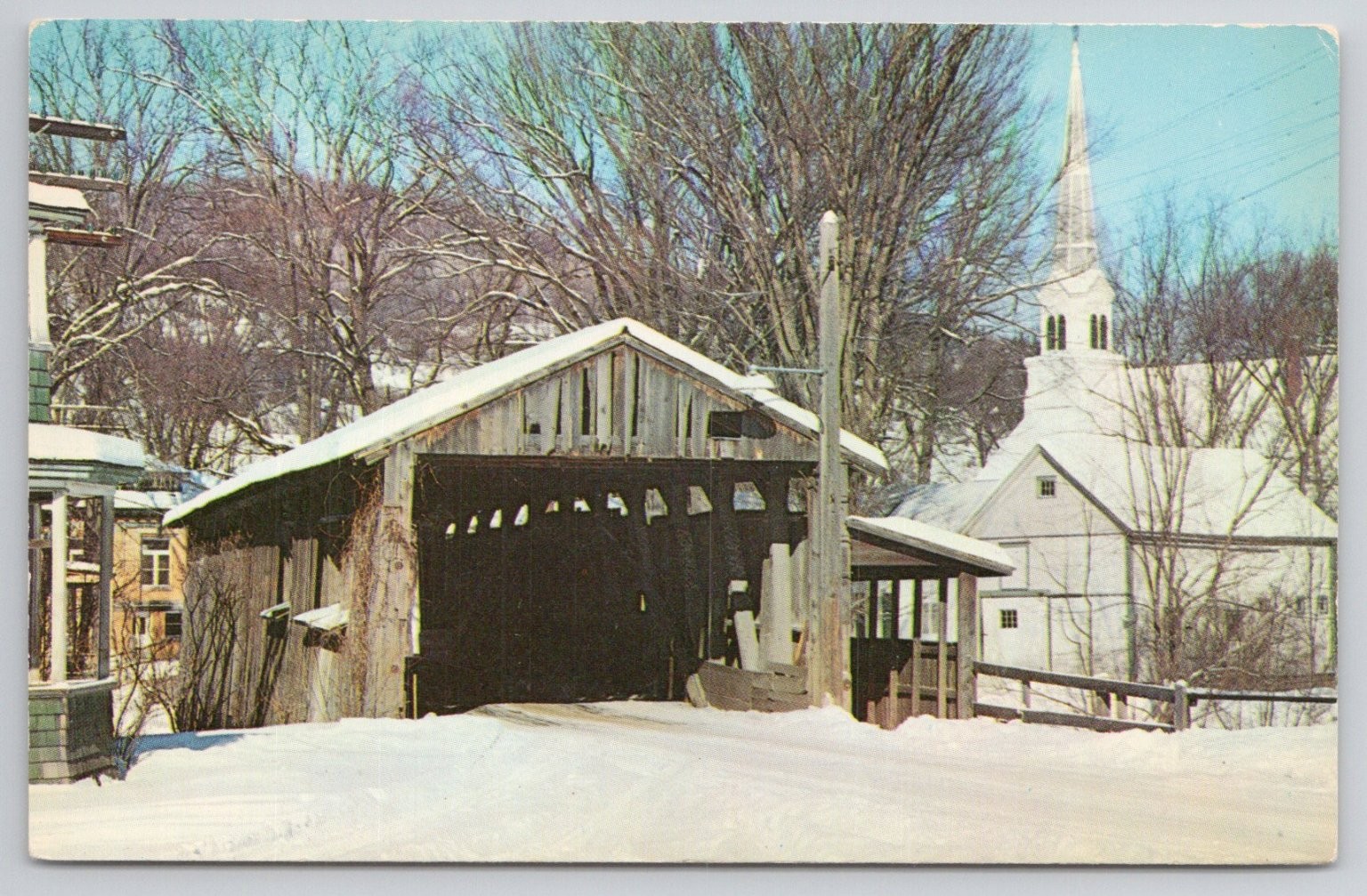 Waitsfield Vermont Covered Bridge Church Snow VT Vintage Postcard Koppel 1960s Waitsfield Vermont Covered Bridge Church Snow VT Vintage Postcard Koppel 1960s