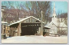 Waitsfield Vermont Covered Bridge Church Snow VT Vintage Postcard Koppel 1960s picture