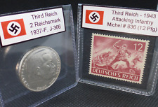Nazi Silver Coin 2 Reichsmark and Wehrmacht Reichspfennig Stamp Third Reich WW2 picture