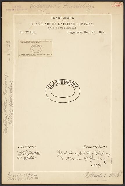 Glastenbury Knitting Company 1892 Trademark Registration Knitted Underwear Glastenbury Knitting Company 1892 Trademark Registration Knitted Underwear