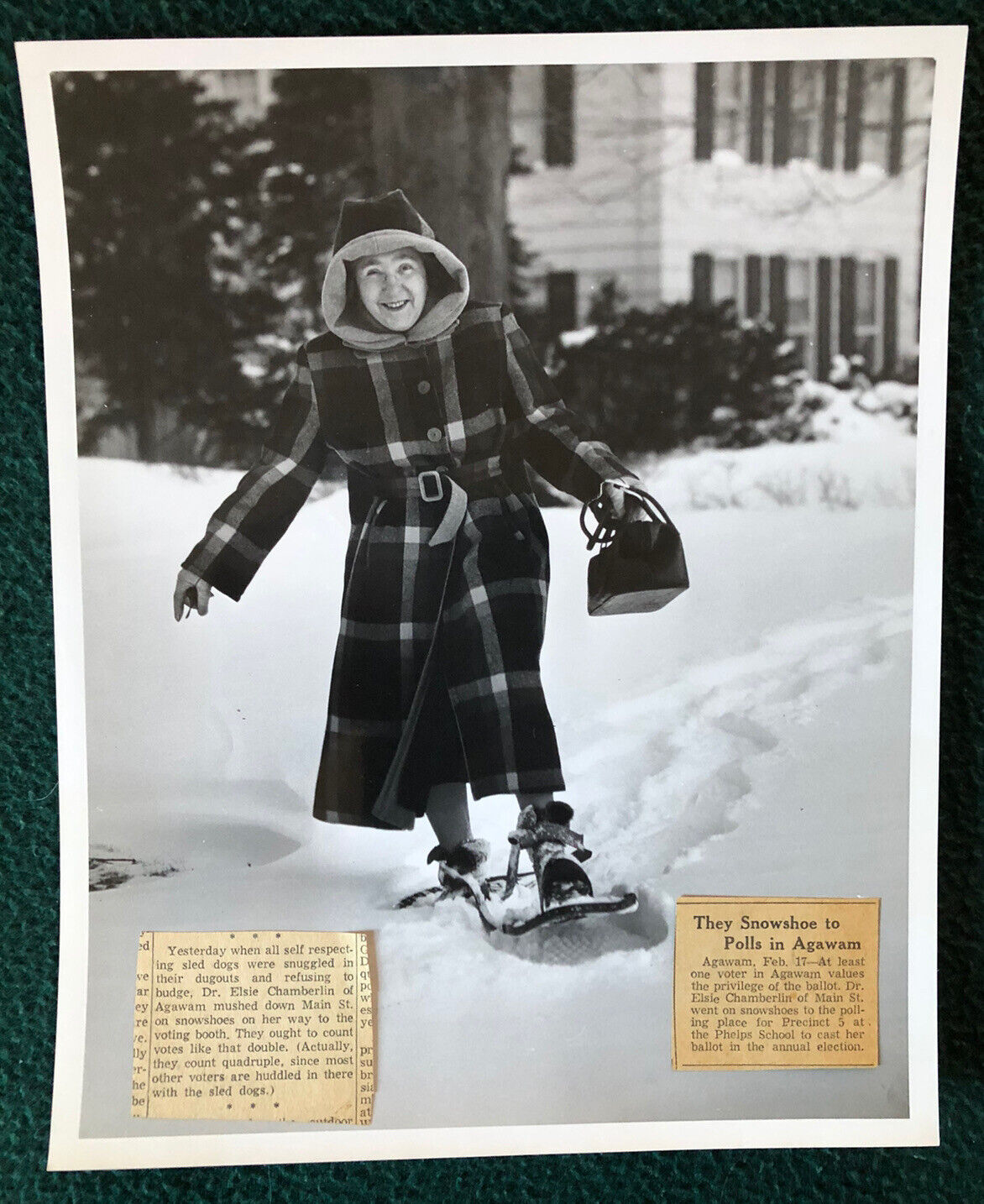 AGAWAM MA 1952 PHOTOGRAPH Dr. Elsie Chamberlin GOING TO VOTE Wearing Snowshoes
