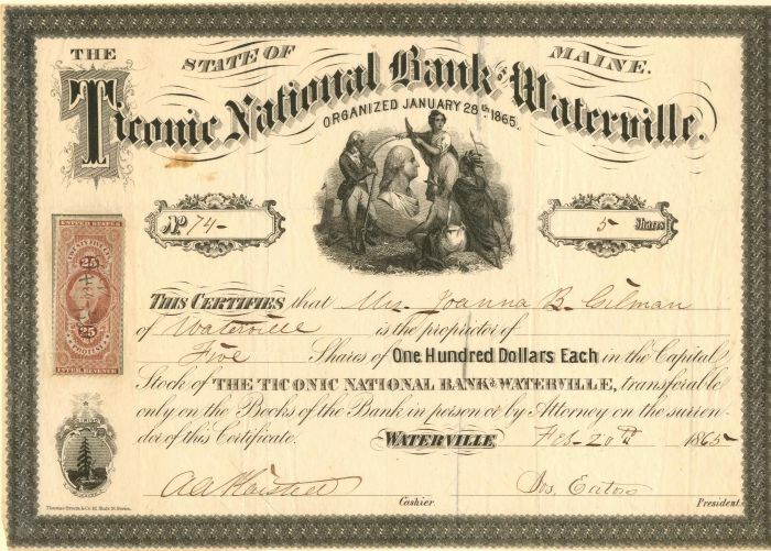 Ticonic National Bank of Waterville - Stock Certificate - Banking Stocks