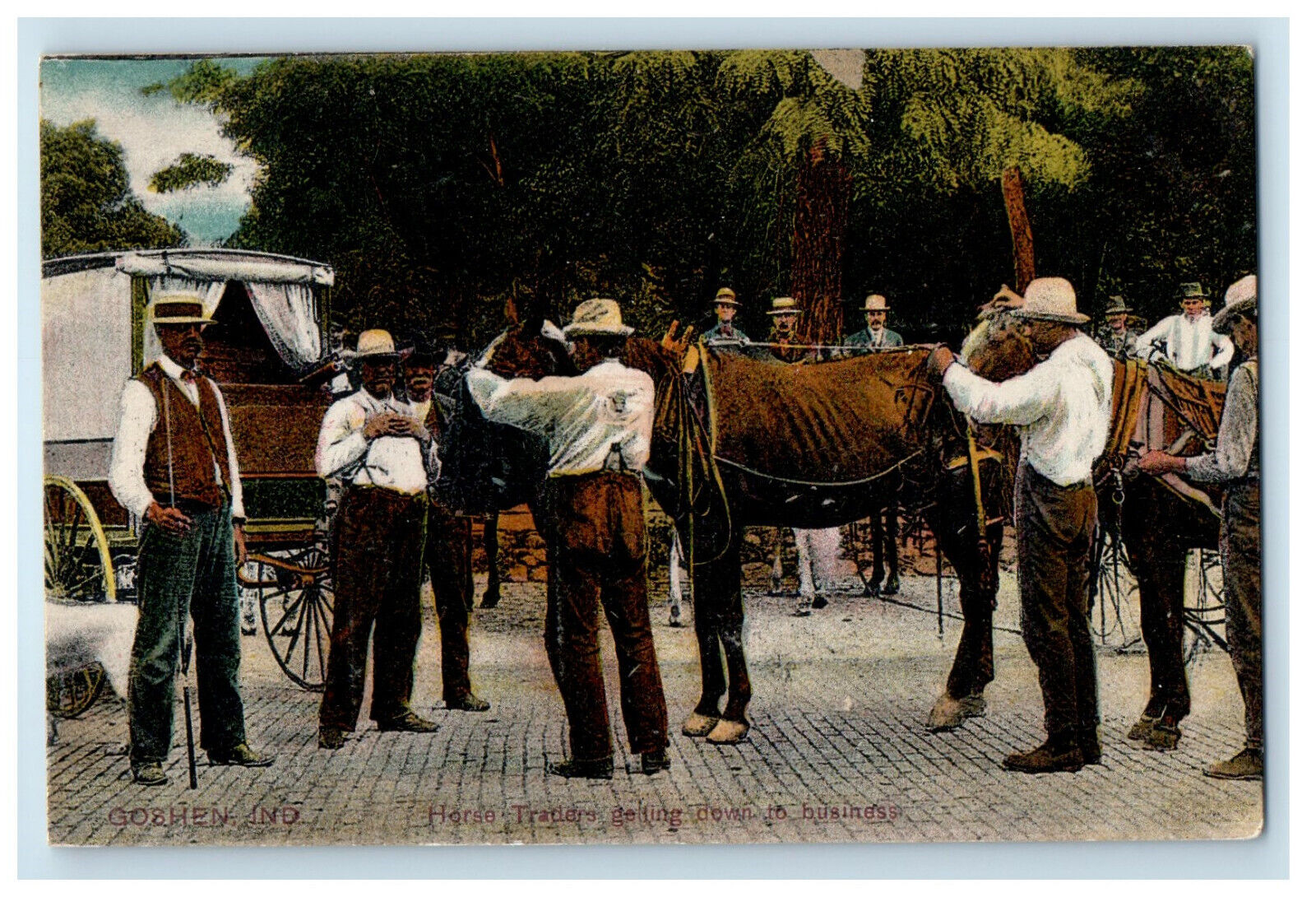 1909 Horse Traders Getting Down to Business Goshen IN New Paris IN Postcard