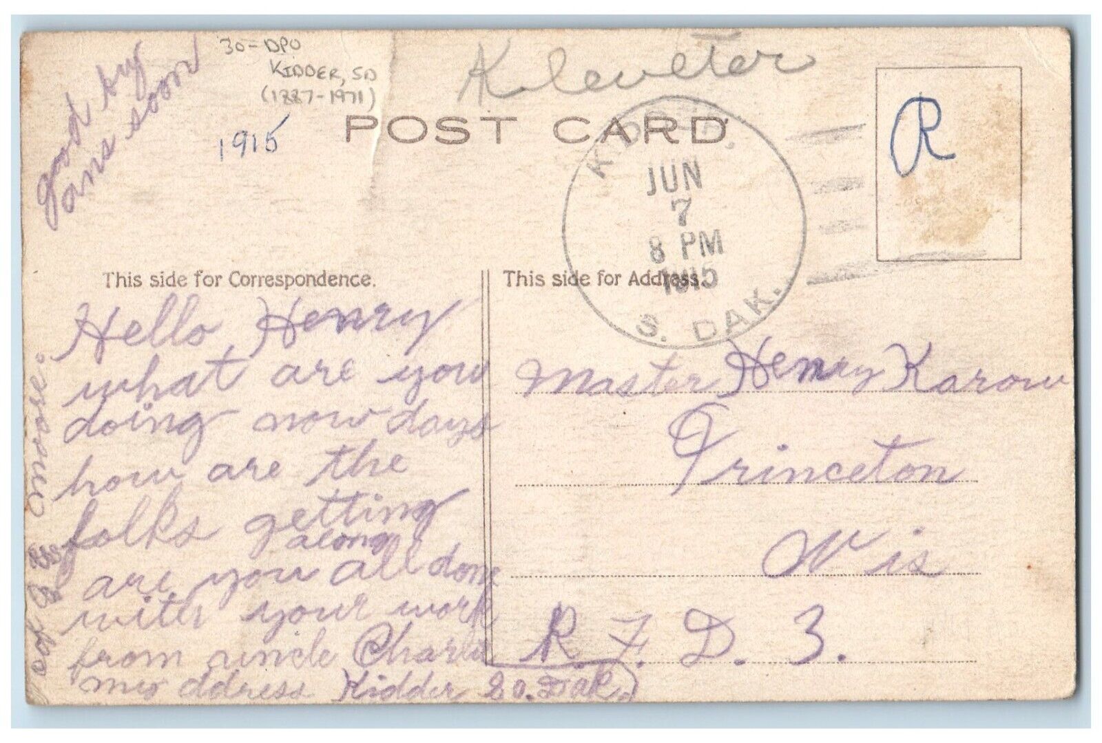 DPO (1887-1971) Kidder SD Postcard Wall Signed Cowboy Little Girl Fighting 1915