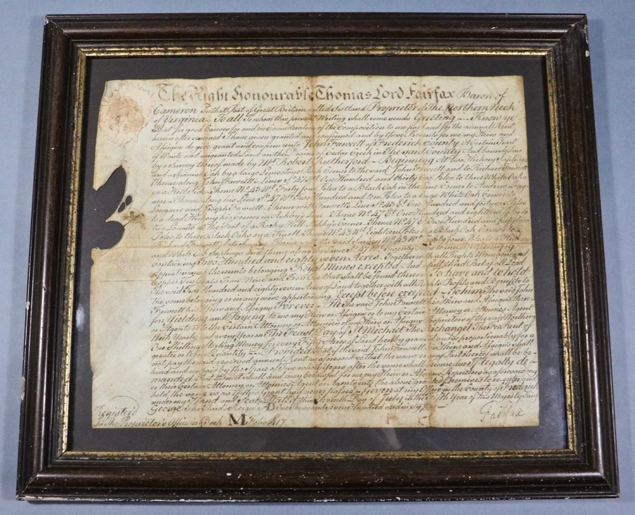 1765 Thomas Lord Fairfax **SIGNED** Land Grant to Quaker John Fawcett