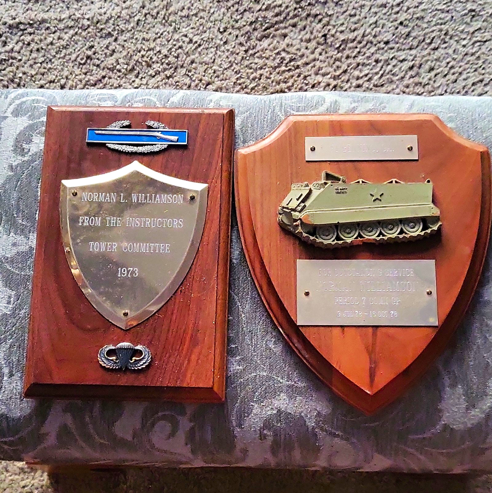 2 Vintage Militaria Award Plaques. Norman Williamson. Fort Benning GA 1973, 1978 2 Vintage Militaria Award Plaques. Norman Williamson. Fort Benning GA 1973, 1978