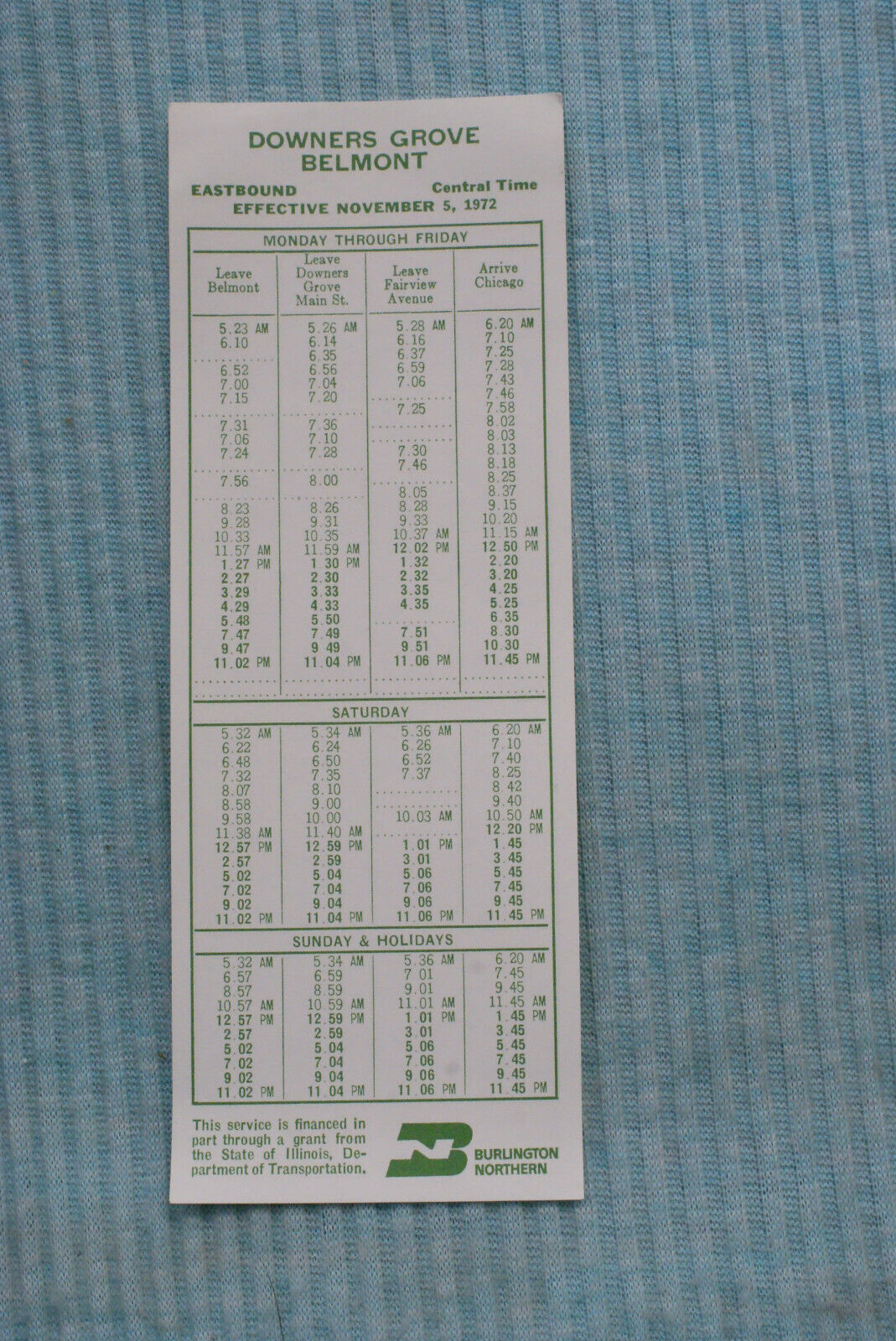 Burlington Northern Pocket Timetable - Downers Grove - Belmont - Nov 5, 1972