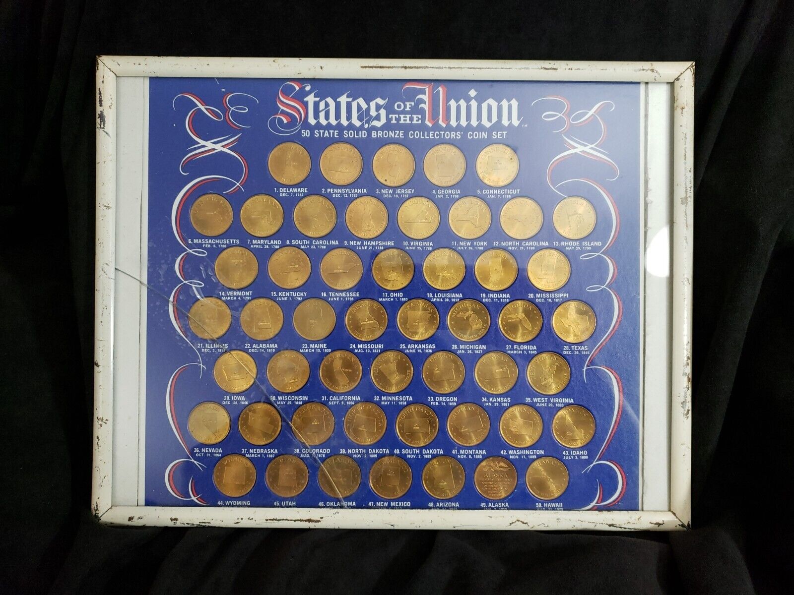 STATES OF THE UNION 50 STATE SOLID BRONZE COLLECTORS COIN SET FRAMED 1969  SHELL
