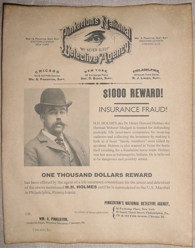 H H Holmes Wanted Poster, Pinkerton, Murder Castle