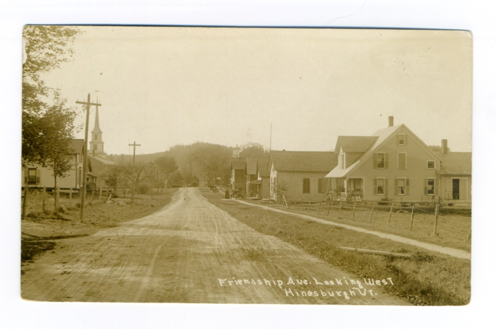 Hinesburg VT, dirt road, Friendship Ave looking West, 1912 RPPC Postcard