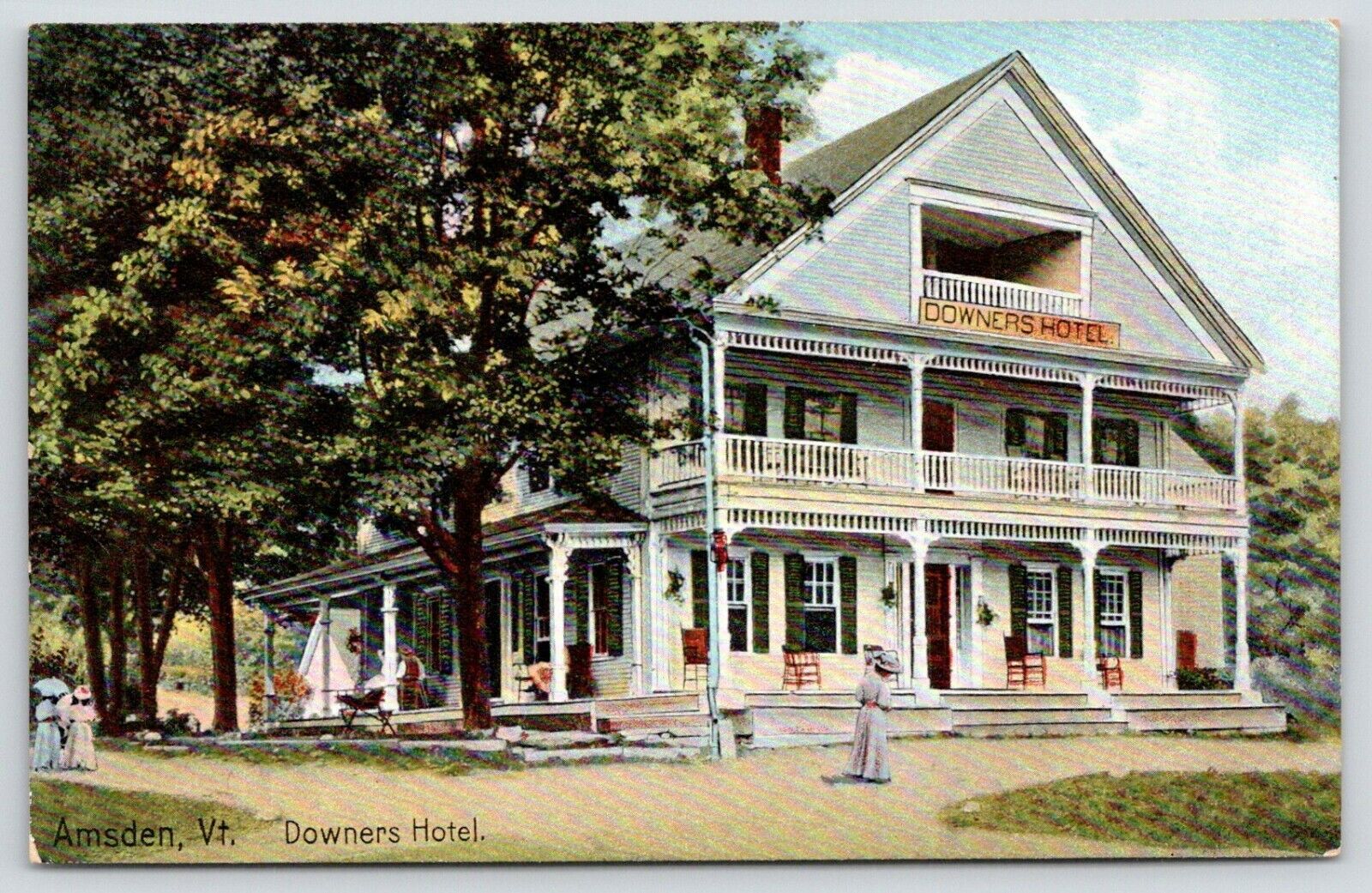 Amsden Vermont~Close-Up of Downers Hotel~Guests on the Porch~c1910 Postcard