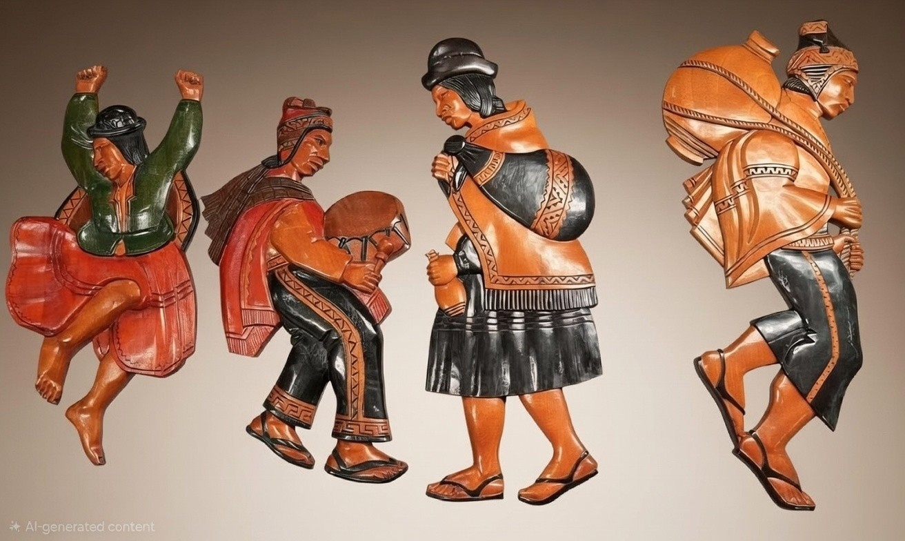 Andean Folk Art 1970s Large Wooden Wall Panel Peru Bolivia Carved Relief Vintage