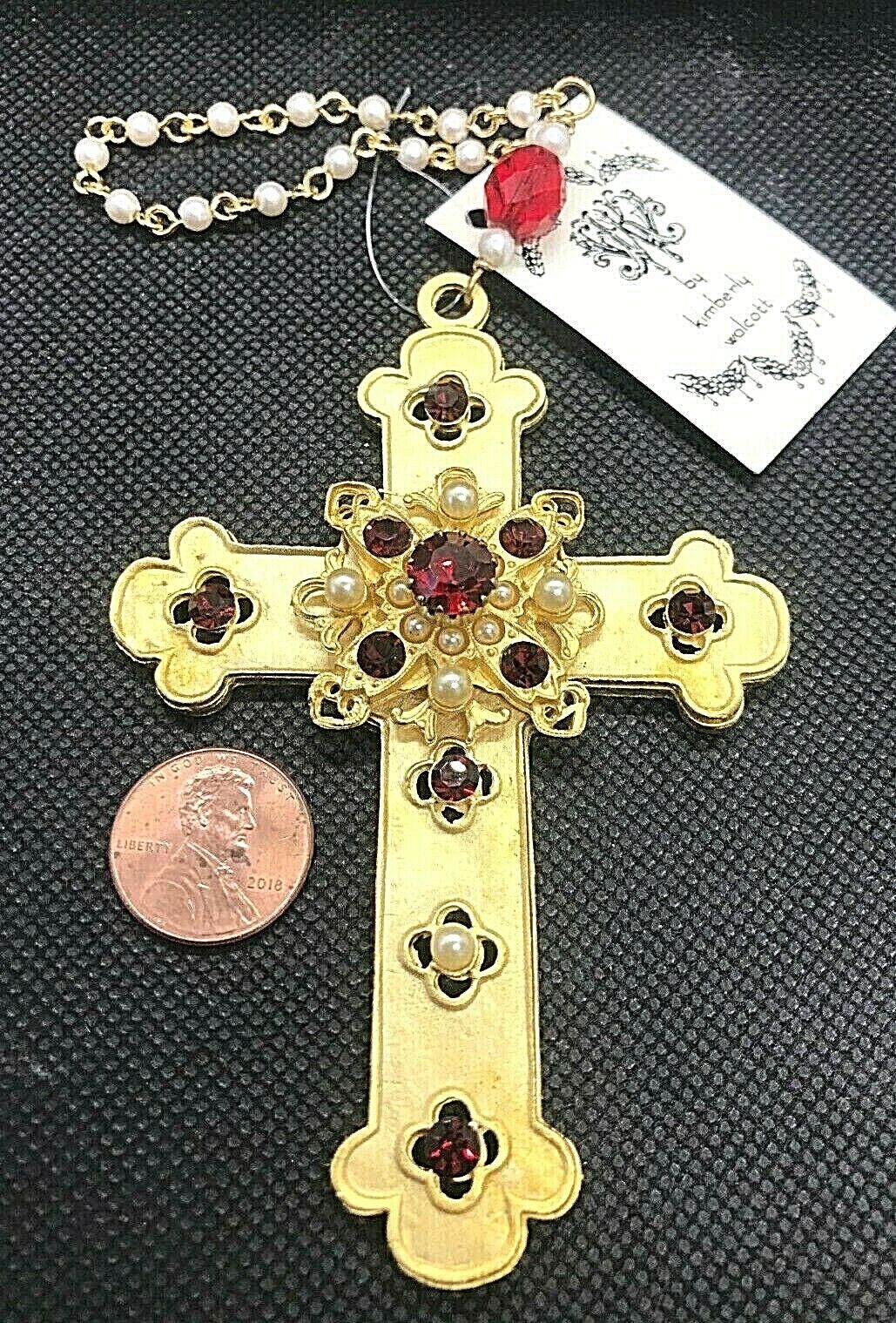 Kimberly Wolcott Jeweled Ornament Gold Tone Red Rhinestone Cross w/ Tags