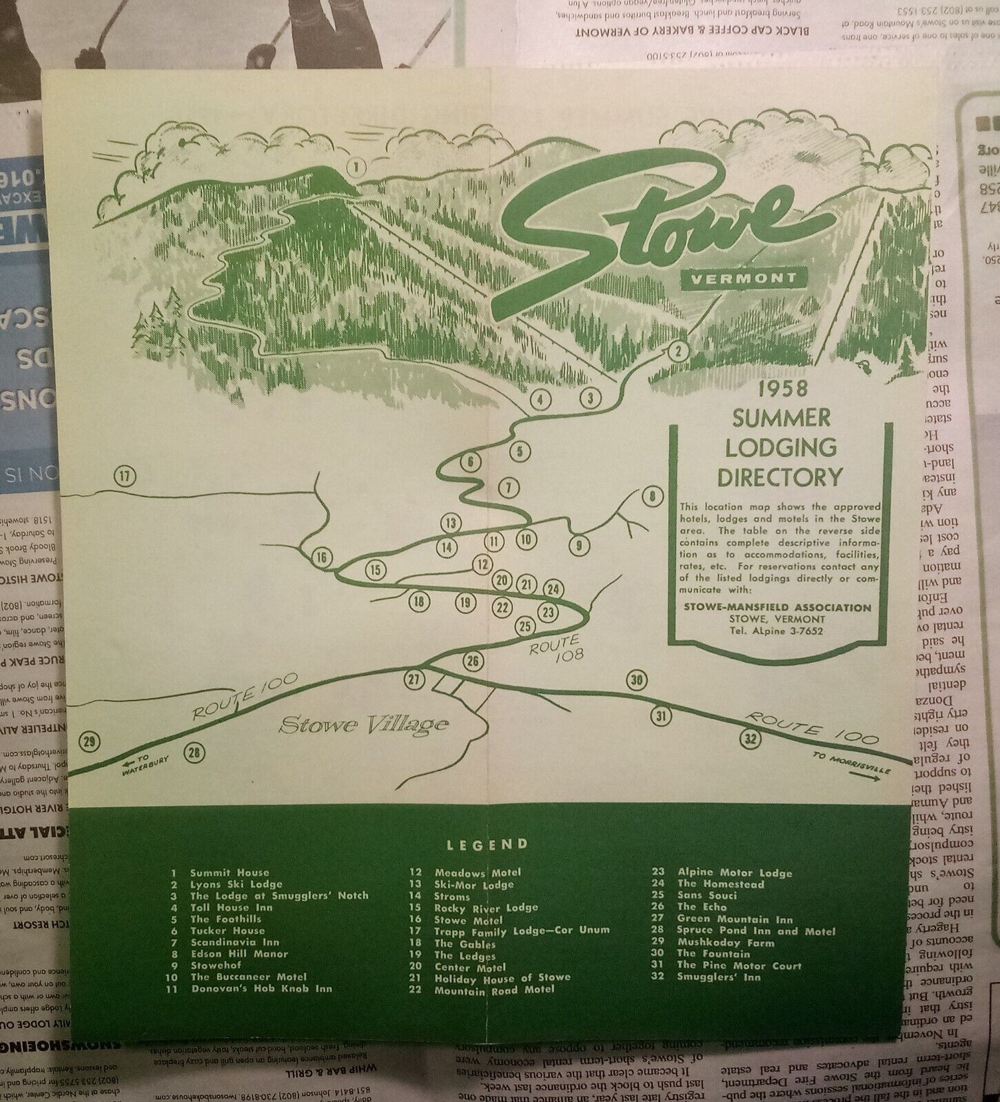 Stowe Vermont 1958 Summer Lodging Directory