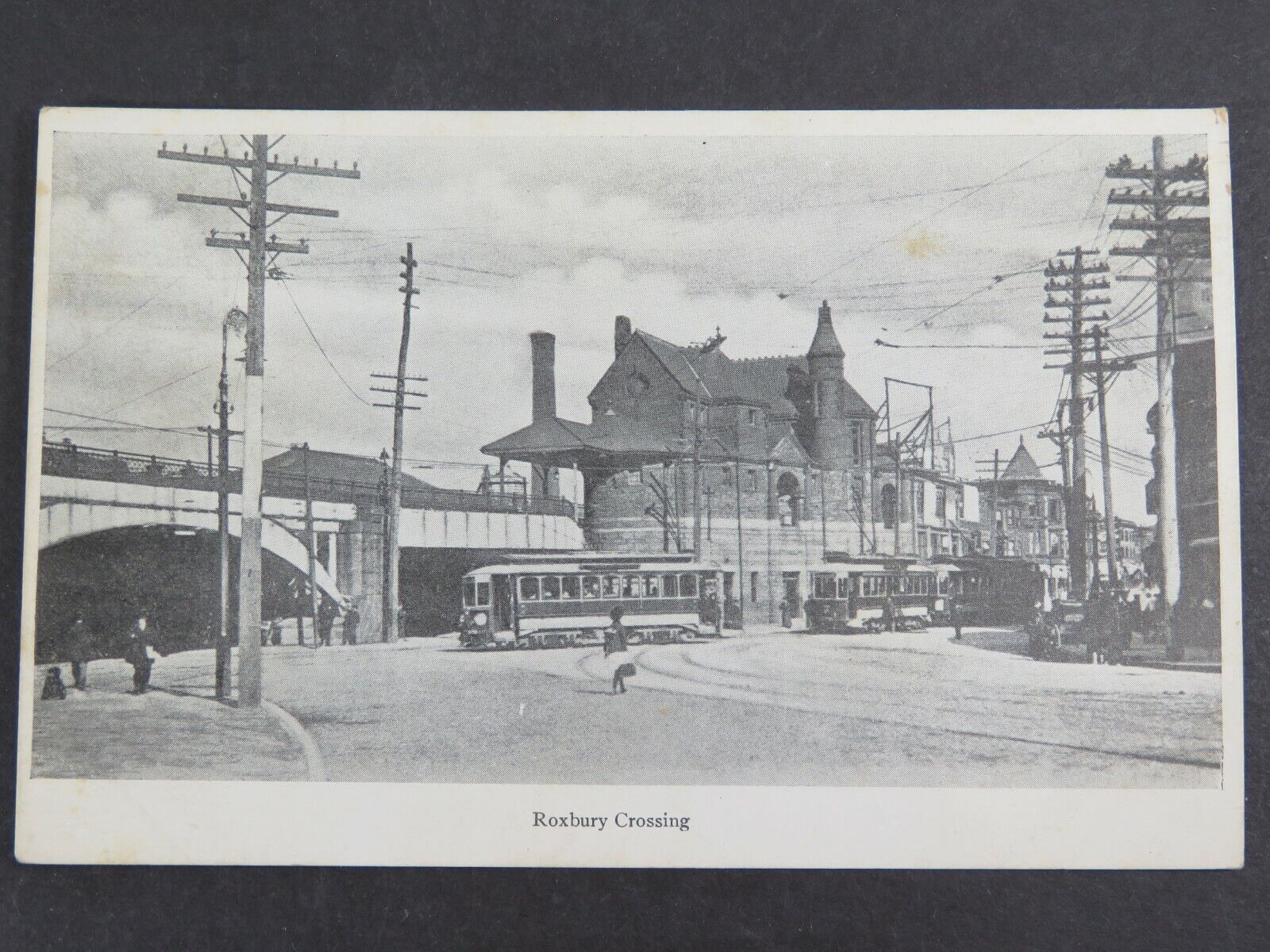 Antique Postcard Roxbury Crossing Boston MA Train Station Trolley Railroad A7263