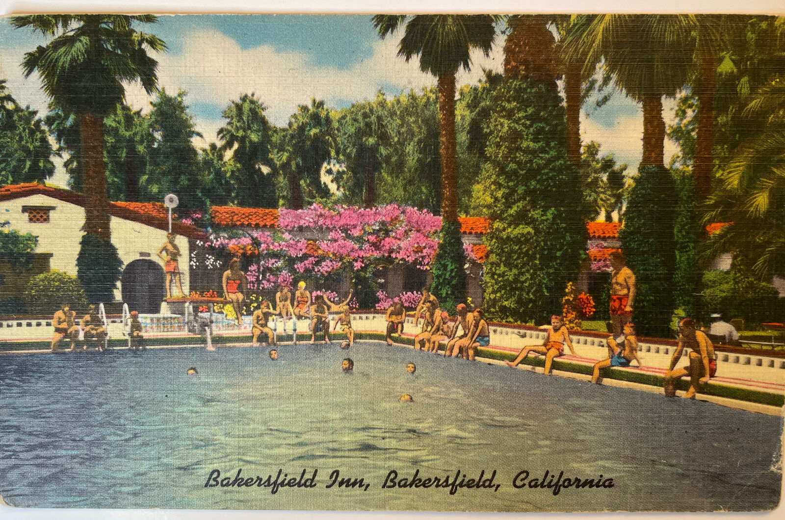 Bakersfield CA, Bakersfield Inn Advertising Pool,  California Postcard 1954