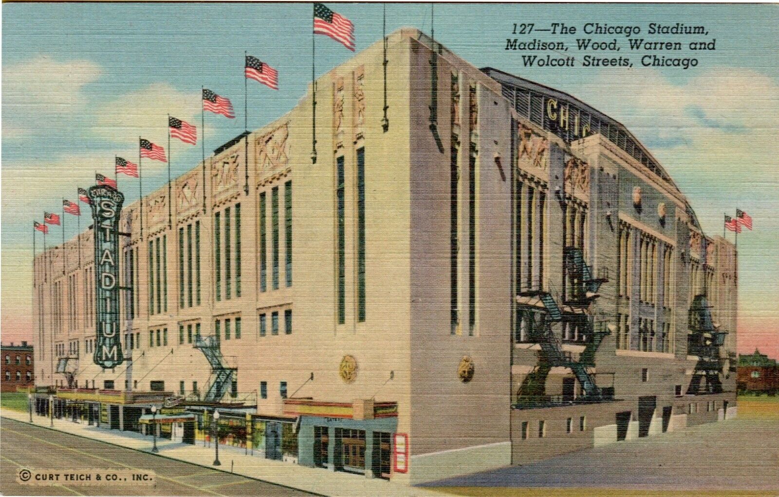 Postcard The Chicago Stadium Madison Wood Warren Wolcott Streets Illinois