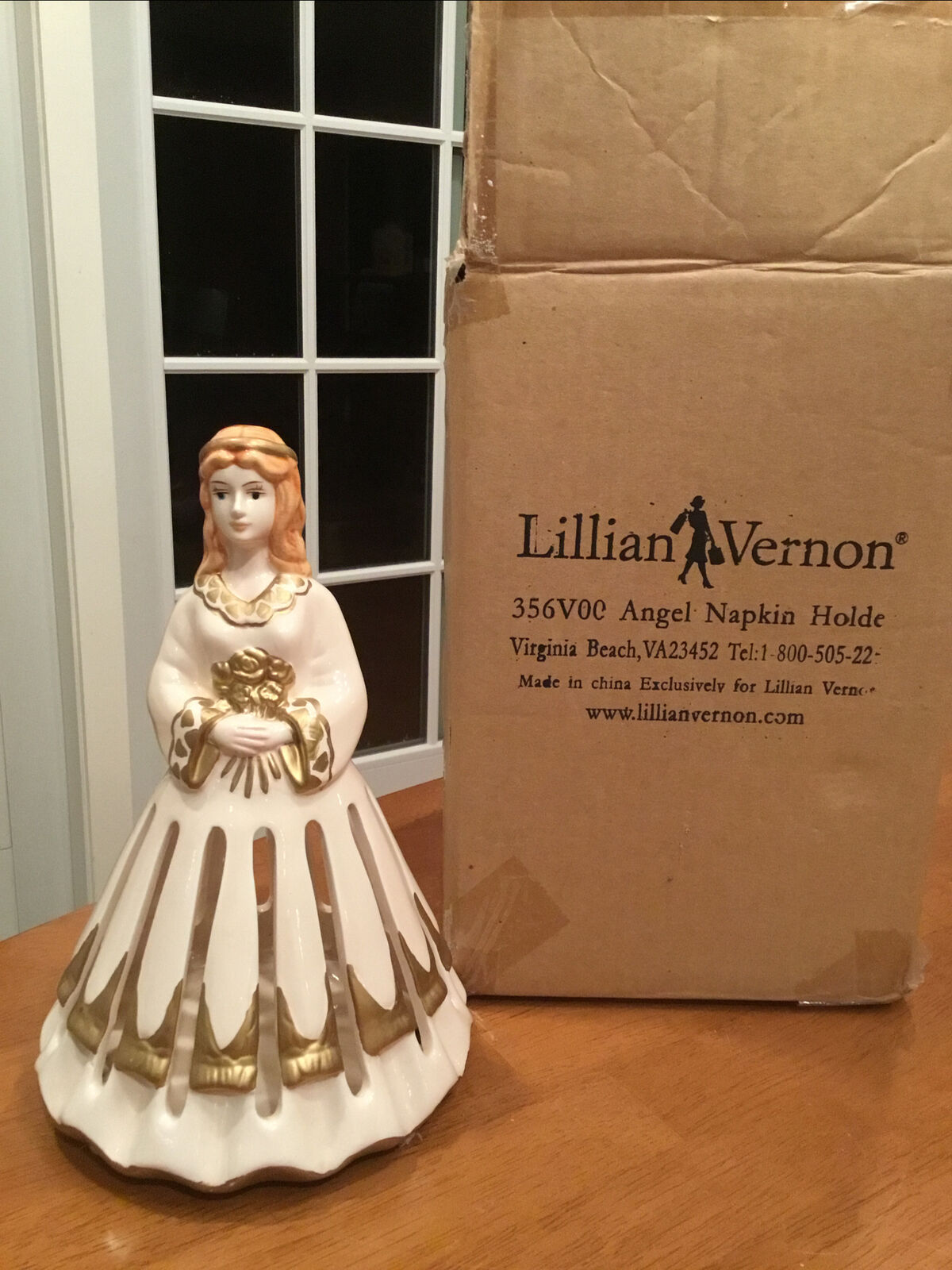 Vintage Lillian Vernon Angel Napkin Doll Lady Napkin Holder Ceramic In Orig Box