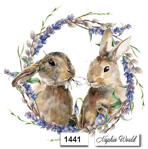 (1441) TWO Paper LUNCHEON Decoupage Art Craft Napkins  EASTER BUNNY PAIR WREATH