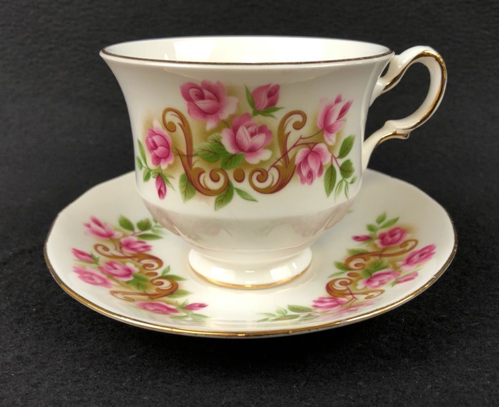 Queen Anne Tea Cup Saucer Floral Roses Scrolls England Fine Bone China Vintage