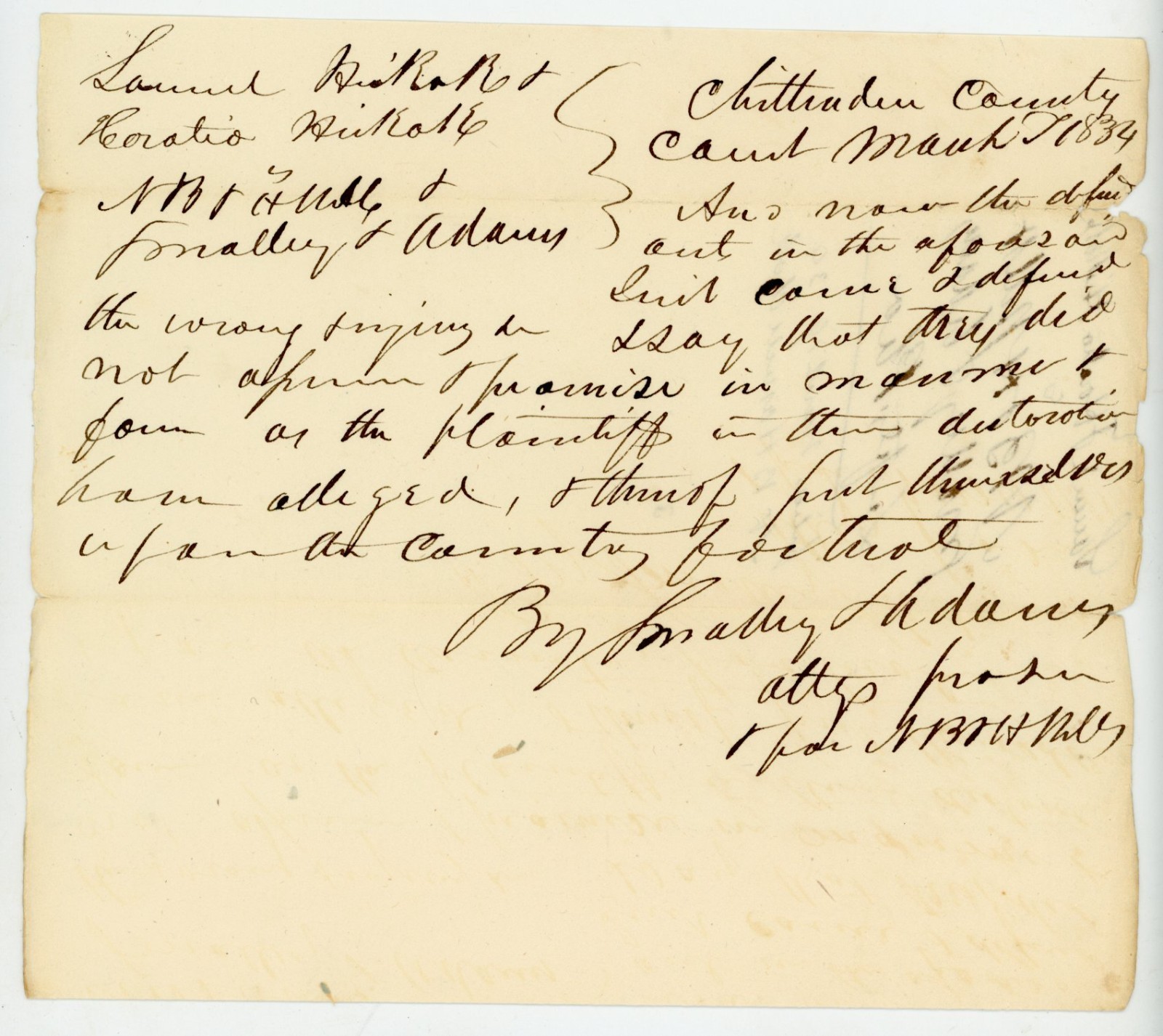 1834 Chittenden County Vermont Legal Document Smalley & Adams Def\'ts Plea Court 1834 Chittenden County Vermont Legal Document Smalley & Adams Def\'ts Plea Court