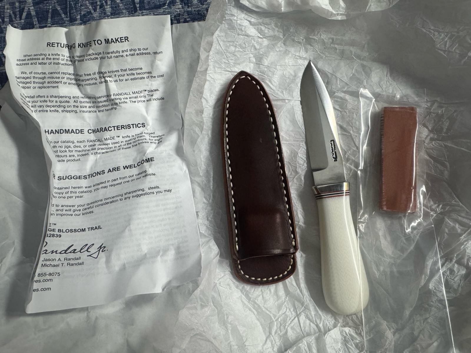Randall Gambler Custom Knife Ivorite Handle Sheath Stone In Wrapper Randall Gambler Custom Knife Ivorite Handle Sheath Stone In Wrapper