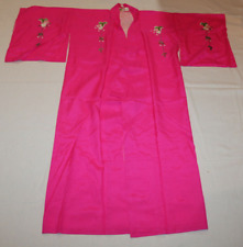womens 100% silk bright pink embroidered Hayashi Kimono robe w/ tie & sash Japan picture