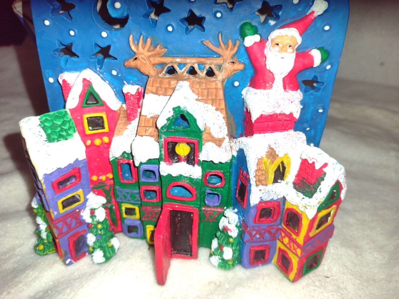 Vintage  Hand-painted Christmas tree Village reindeer Santa Tea Light 3D 1995 