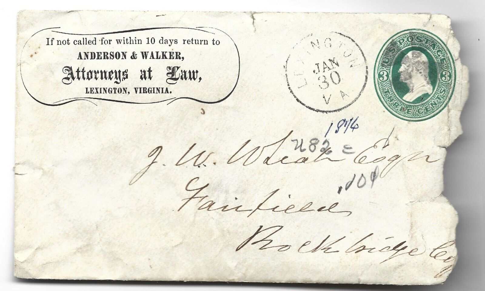 Vintage Old 1876 Document Envelope Attorney From Lexington & Fairfield Virginia 