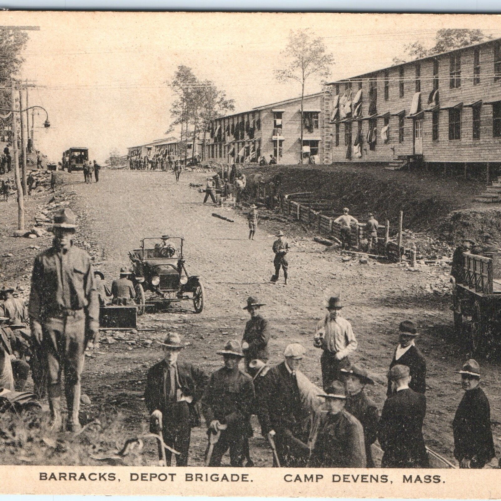 c1910s Camp Devens, MA Barracks Depot Brigade Ford Car Soldiers Postcard A119