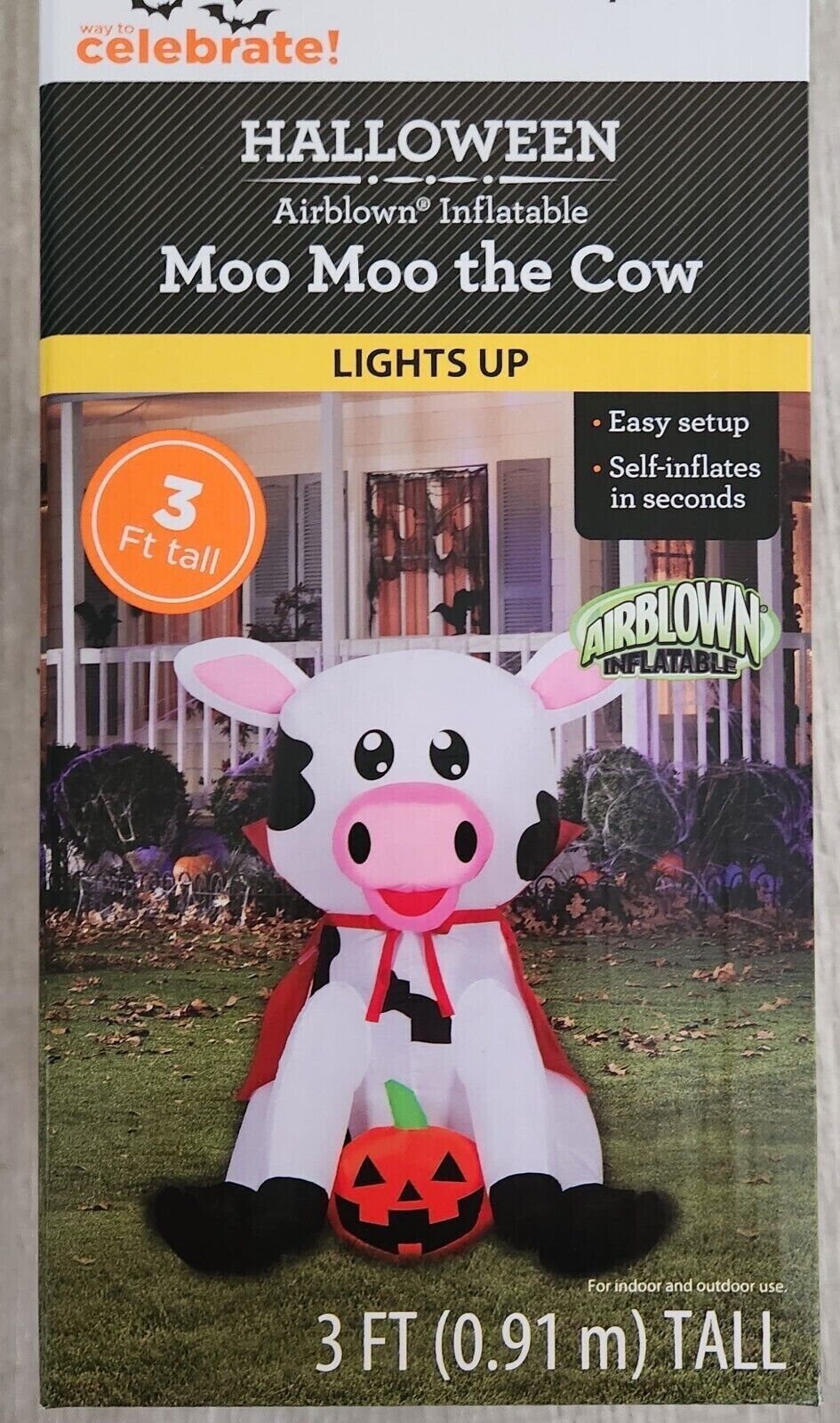 Moo Moo the Cow 3 Ft. Tall Halloween Airblown Inflatable Lights Up *New In Box*