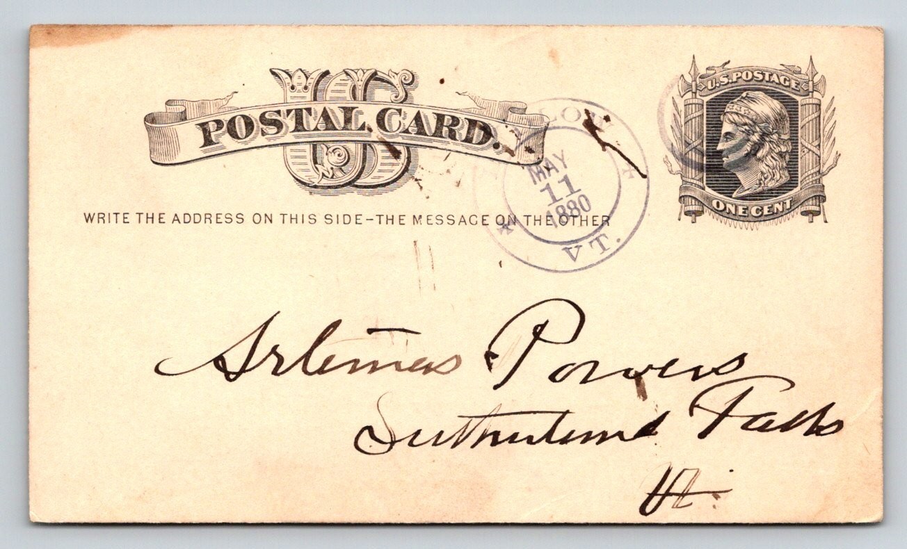1880 US Postal Card Saxtons River VT Postmark Rutland Weathersfield 1880 US Postal Card Saxtons River VT Postmark Rutland Weathersfield