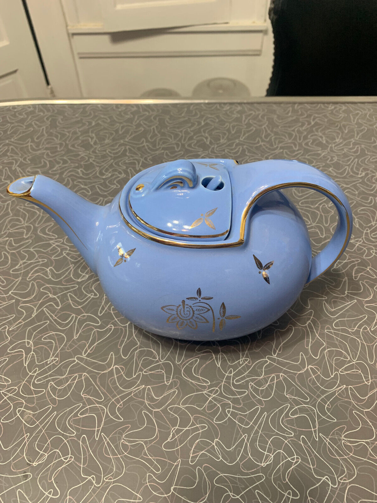 Vintage Hall Pottery Cadet Blue Gold Teapot #0749 Hooked Lid MINTY