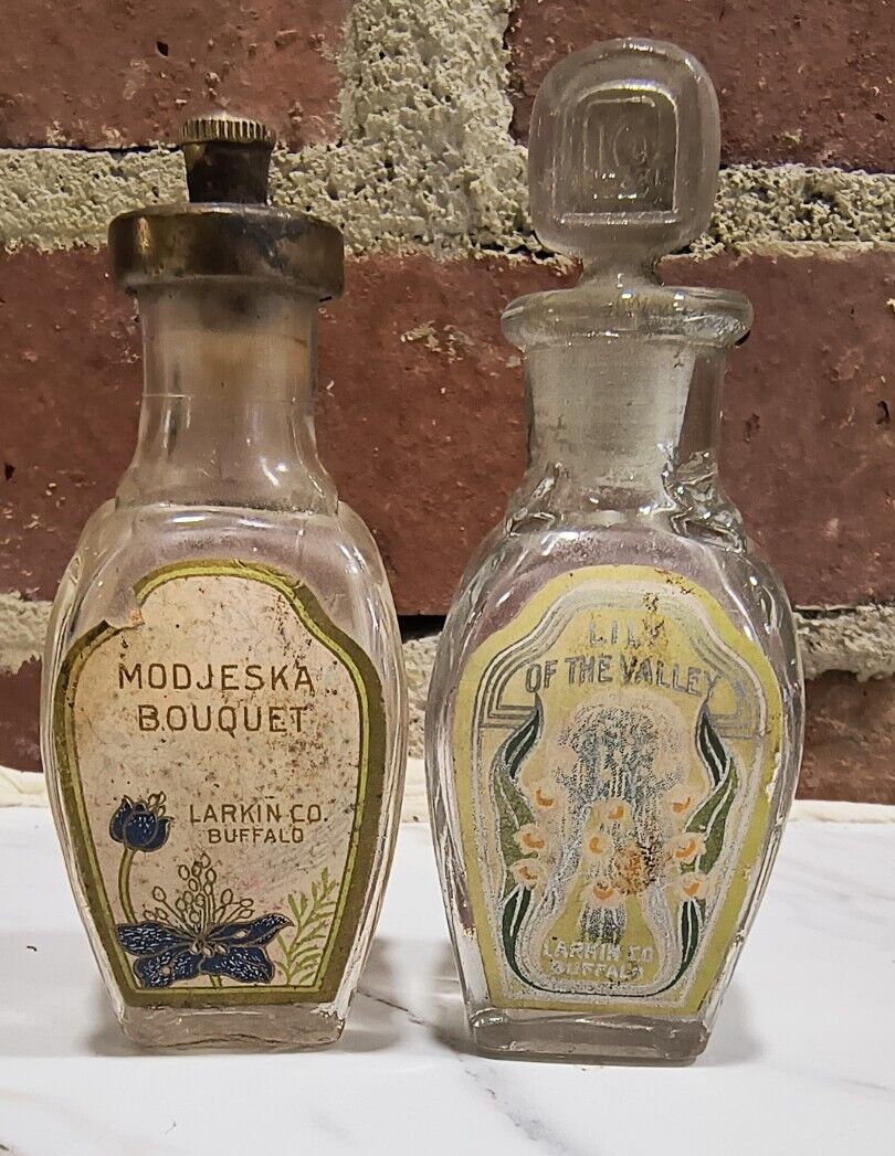 2 Small Antique LARKIN PERFUME Bottles Lilly Of The Valley Modjesky Bouquet 