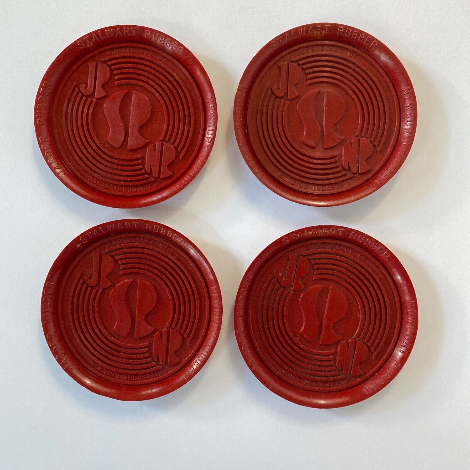 4 Vintage Red  Rubber Co. Promo Coasters Advertising Jasper Stalwart & Newbury