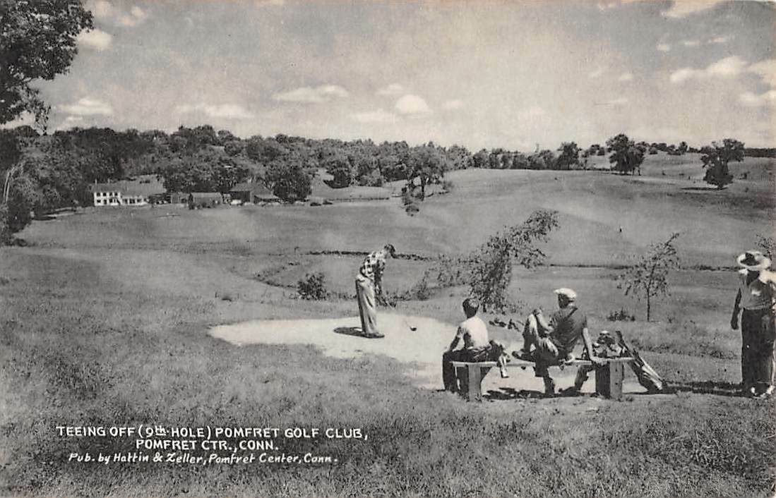 POMFRET, CT ~ GOLFER TEEING OFF AT CLUB'S 9TH HOLE, COLLOTYPE PUB 1930-40s     