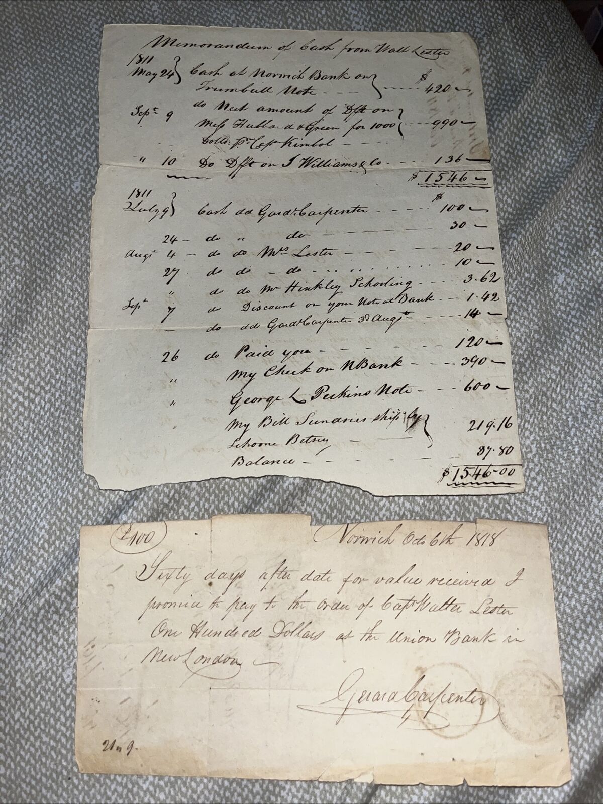 1818 Pre Civil War Era Ledger & IOU to Captain Walter Lester in Norwich CT