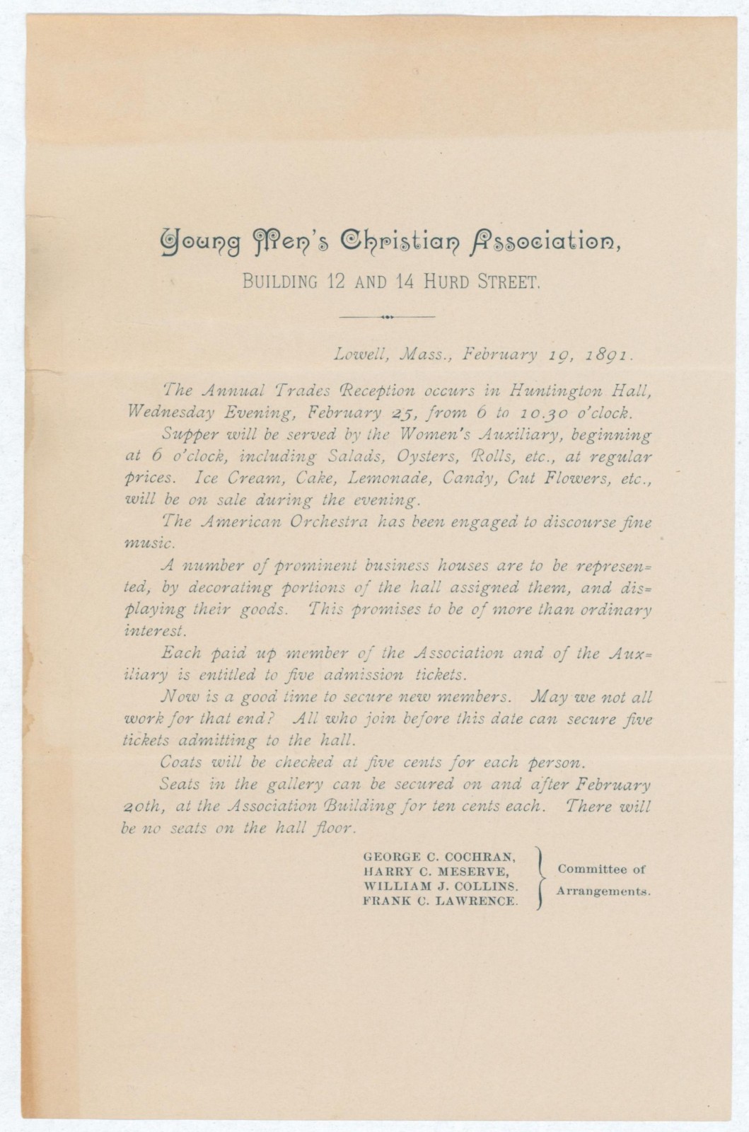 1891 Lowell MA YMCA Trades Reception Handbill Huntington Hall Orchestra Supper