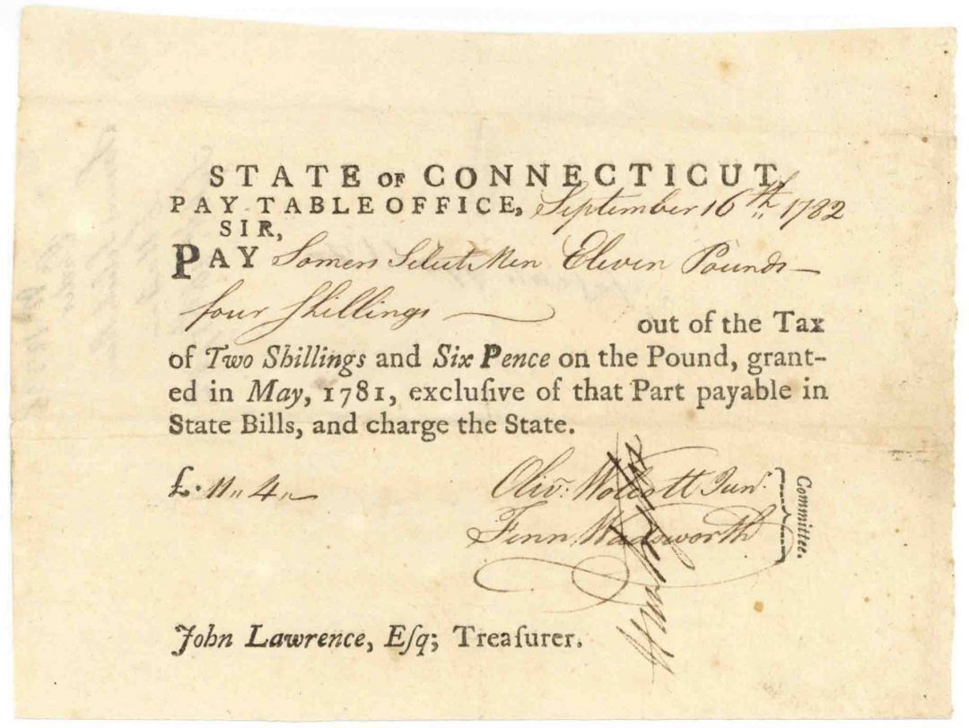 Pay Order Signed by Jedediah Huntington and Oliver Wolcott Jr. - Connecticut - A
