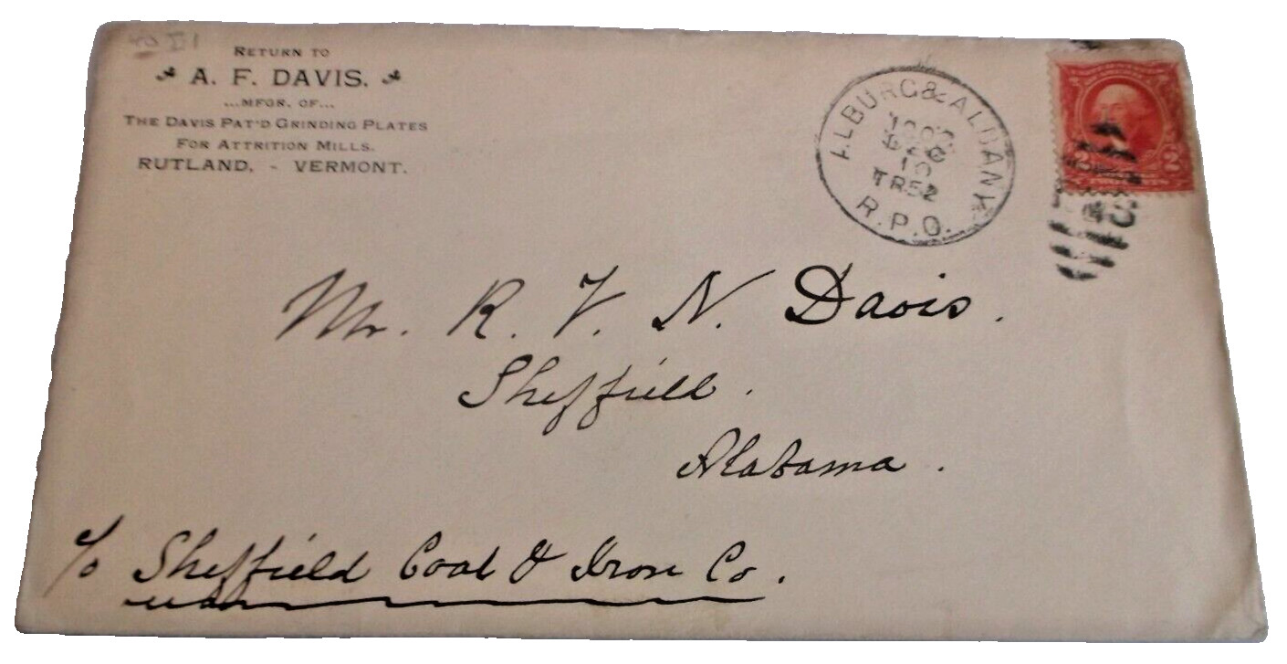 DECEMBER 1902 RUTLAND RAILROAD TRAIN #52 ALBURGH & ALBANY RPO HANDLED ENVELOPE DECEMBER 1902 RUTLAND RAILROAD TRAIN #52 ALBURGH & ALBANY RPO HANDLED ENVELOPE
