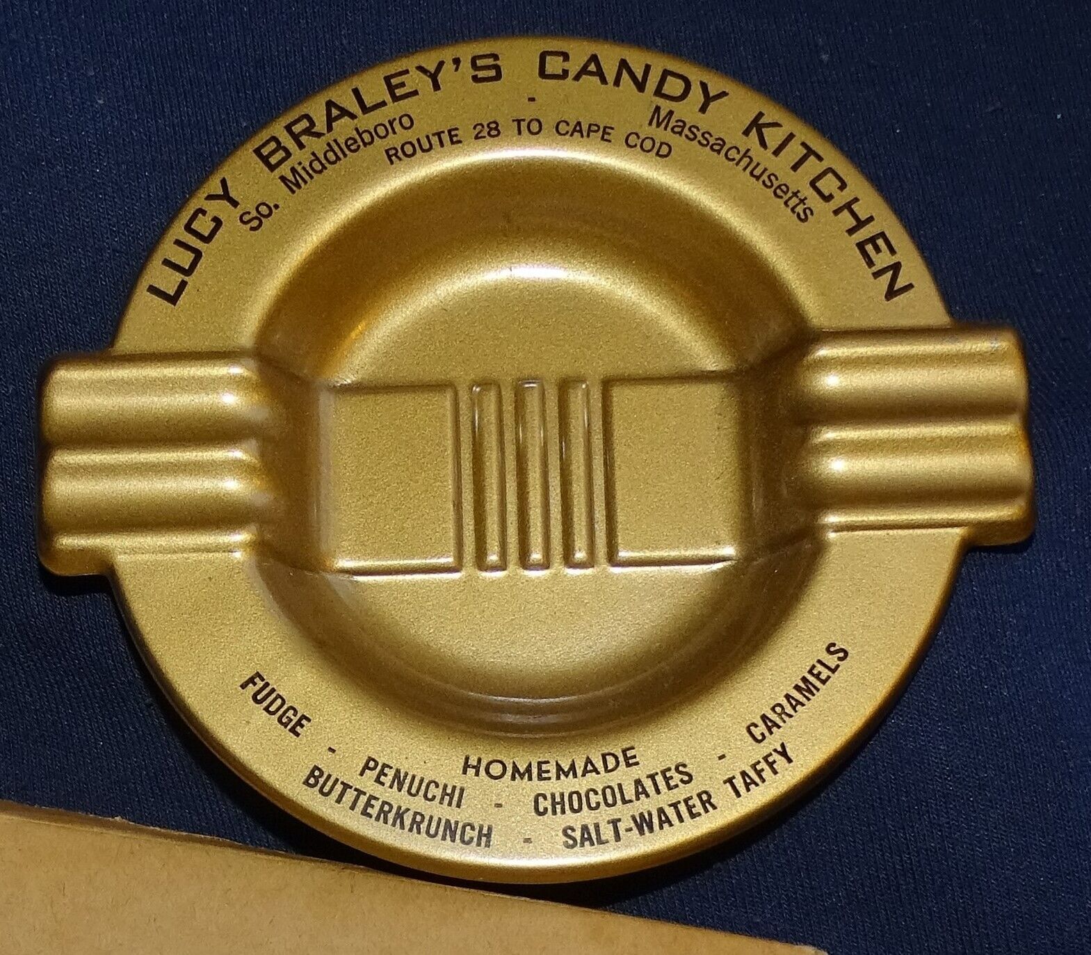 Lucy Braley's Candy Kitchen So. Middleboro MA. Pressed Steel Ashtray in orig box